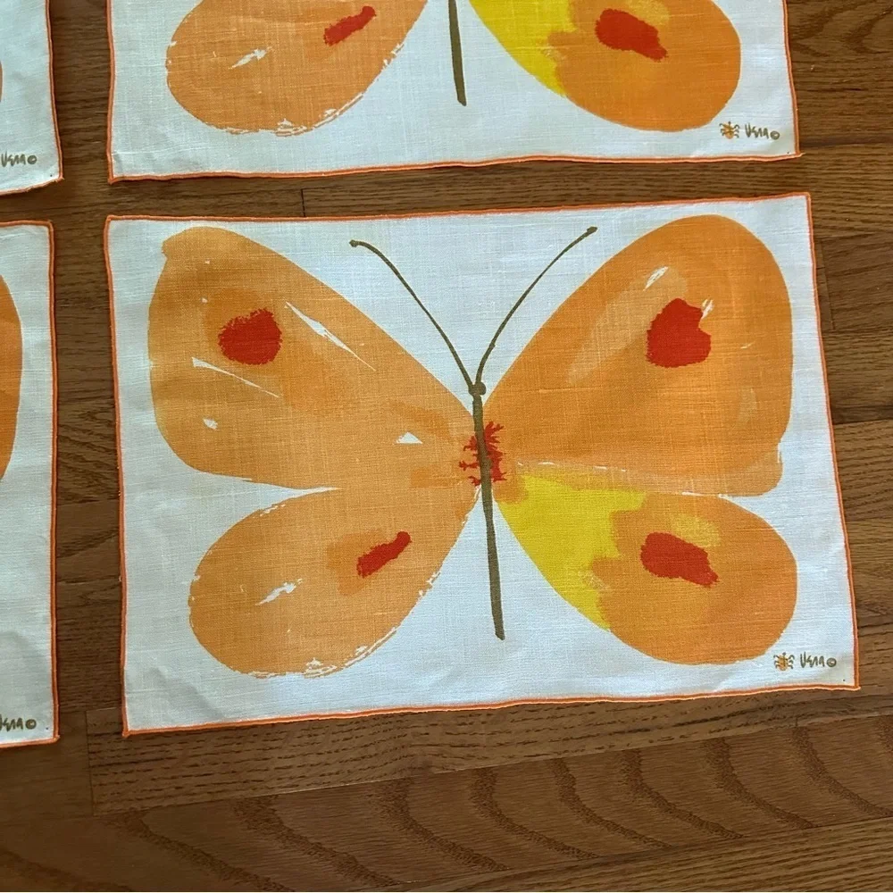 Set of 8 Vintage Vera Neumann Placemats Butterfly MCM Signed Retro Orange Cottag
